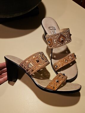 Onex Tan Studded Double‑Band Block Heel Sandals